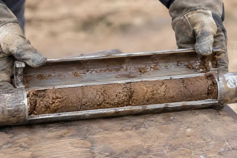 Soil core sample being opened on a drill rig